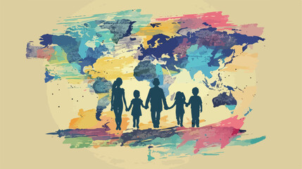Drawn world map and figure of family on color background