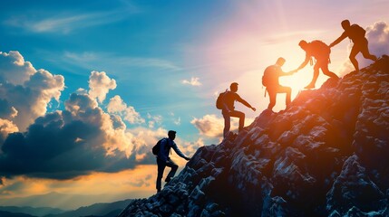 A professional businessman extends a helping hand to assist a colleague, symbolizing strong partnership, effective teamwork, and collaborative effort in a corporate environment.