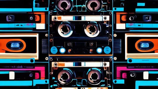 Pattern, texture of beautiful abstract neon bright blue glowing old retro vintage hipster music audio cassettes from the 80s, 90s and copy space on a black background