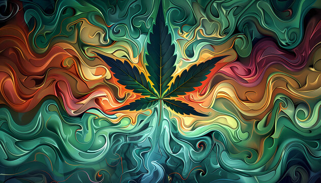 abstract surreal colorful psychedelic background with a marijuana or marihuana leaf, weed, psychoactive drug, wallpaper art or artwork, hashish or hash