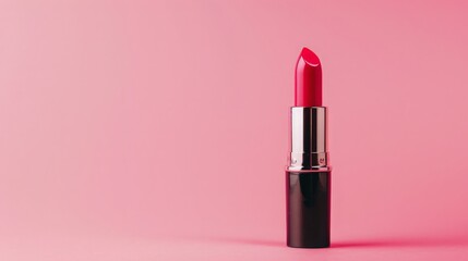 red lipstick on on pink background with copy space