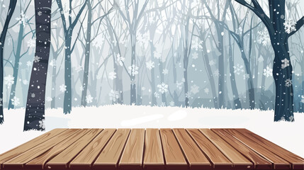 Empty wooden table in snowy forest on winter day Vector