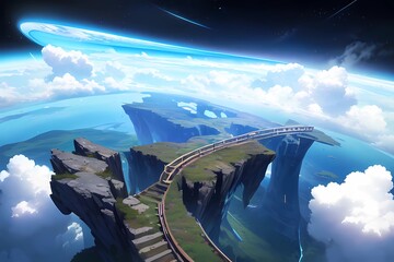 ゲーム背景壮大な宇宙に続く山頂崖と徒歩道路と雲 - obrazy, fototapety, plakaty