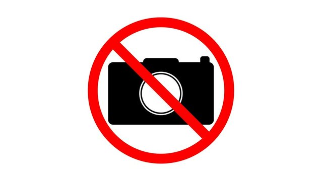 Red Prohibited sign on Camera icon representing No Photography, not taking photos sign. Photography forbidden. camera not allowed! Warning! Caution animation on white background with alpha channel.