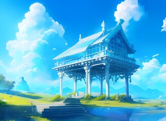 ファンタジーゲーム背景　青空の海の上にひっそりと建つ街はずれの家	
 - obrazy, fototapety, plakaty