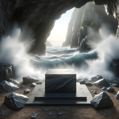 Slate Podium in Coastal Cave with Crashing Waves for Product Display - obrazy, fototapety, plakaty