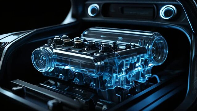 Car engine x-ray blue transparent glowing hologram, abstract automobile background