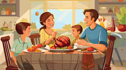 Family celebrating Thanksgiving Day at home Vector style