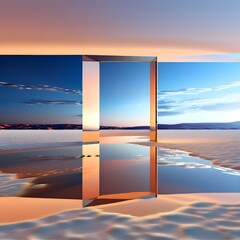 3d-render-abstract-fantastic-panoramic-background-desert-landscape-with-sand-water-and-square-mirror