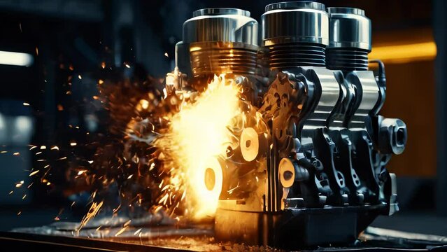 working V8 engine with explosions and sparks inside of another machine. Pistons and other mechanical parts are in motion
