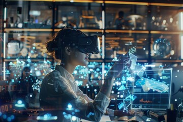 Fototapeta premium In a bustling tech hub, diverse groups of people collaborate using augmented reality workspaces, their ideas materializing in mid-air as they sculpt the next generation of gadgets and gizmos