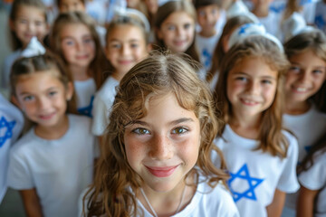 Fototapeta premium Children with flag of Israel. Israeli Independence Day concept.