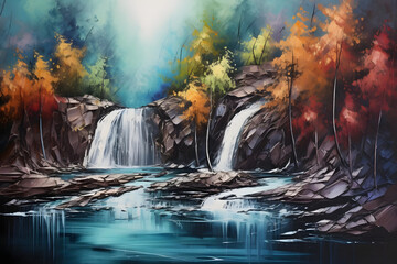 mystical waterfall by lake, abstract landscape art, painting background, wallpaper