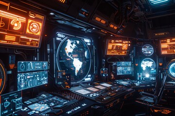 Obraz premium Inside a futuristic control room, navigators plot courses through the stars using advanced neural interfaces, their thoughts steering massive starships across the galaxy