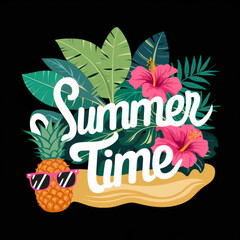 Summer Time Tropical Design with Pineapple, Sunglasses, Hibiscus, and Palm Leaves on Black Background