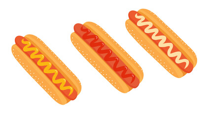 Hot dog with mustard, mayonnaise, ketchup in flat style, vector illustration isolated on white background
