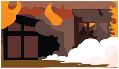 Burning house in cartoon style. Background illustration of a wide house that depicts conditions of a fire. Design elements of the background illustration depicting a fire disaster