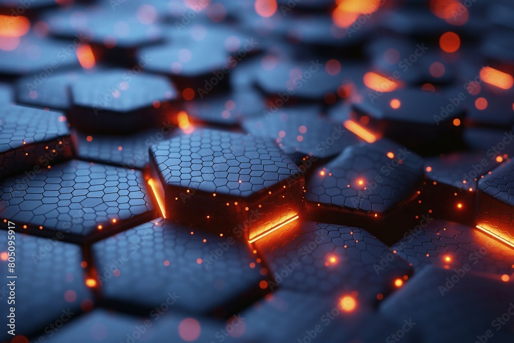 Poster 3d render abstract background hexagon pattern with glowing lights.