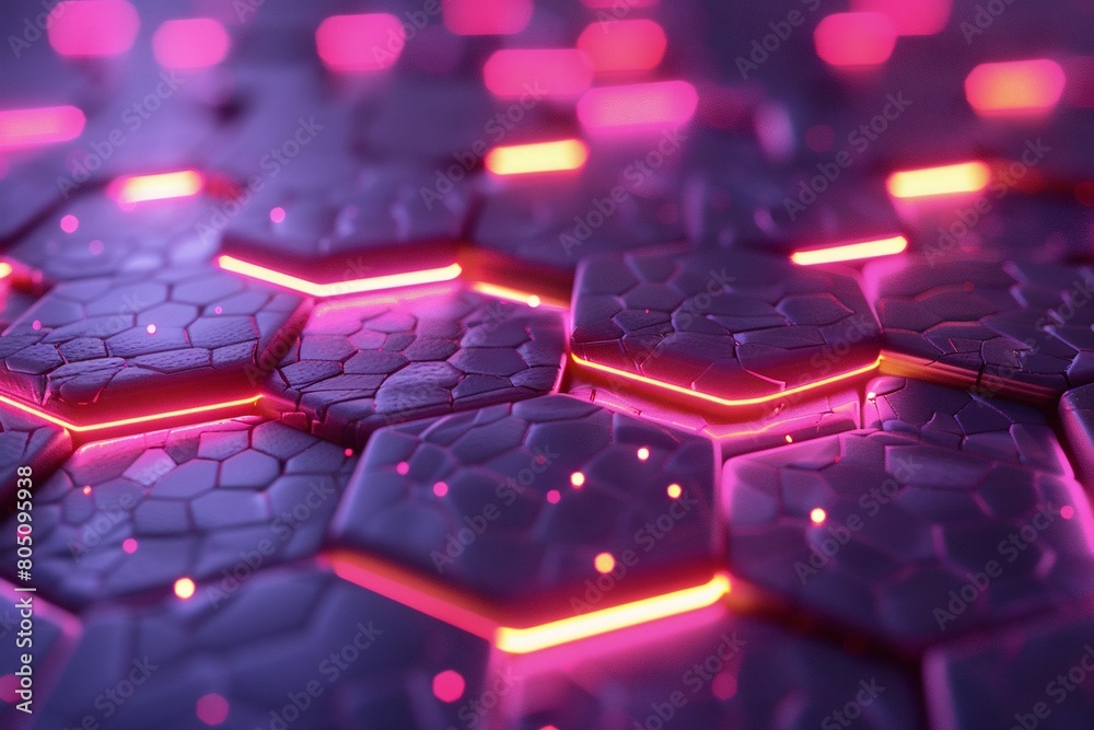 Poster 3d render abstract background hexagon pattern with glowing lights.