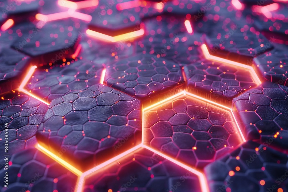 Poster 3d render abstract background hexagon pattern with glowing lights.