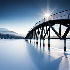 Panoramic view of the truss bridge spanning the frozen river,