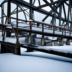 delicate frost patterns clinging to the steel beams of the truss bridge, shimmering