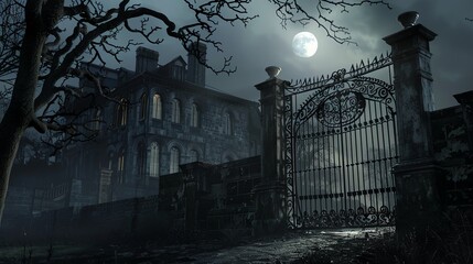 A large wrought iron gate is in the foreground with a long driveway leading up to a creepy mansion