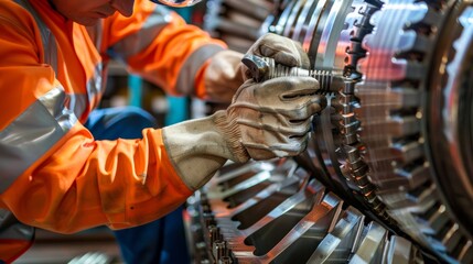 Equipment Maintenance: The engineer working on a large piece of machinery, wearing safety gloves and using tools to perform routine maintenance tasks. Generative AI
