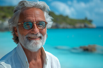 Fototapeta premium Old man near ocean, created with Generative AI technology
