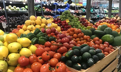A vibrant mix of fruits and vegetables piled together in the produce section, Generative AI 