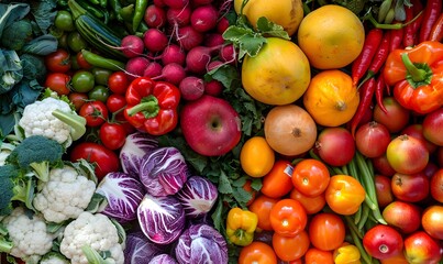 A vibrant mix of fruits and vegetables piled together in the produce section, Generative AI 