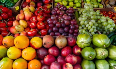 A vibrant mix of fruits and vegetables piled together in the produce section, Generative AI 