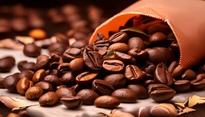 Fototapeta premium coffee beans in a bag, Coffee Bean Perfection, A Close-up of Roasted Coffee Beans