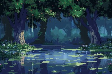 Pixelated nocturnal swamp scene with diverse foliage and serene water reflecting moonlight, Concept of tranquility, digital art, and nature