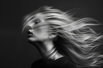 A surreal black and white portrait, where a woman’s swift turn of her head creates a ghostly streak against a stark background