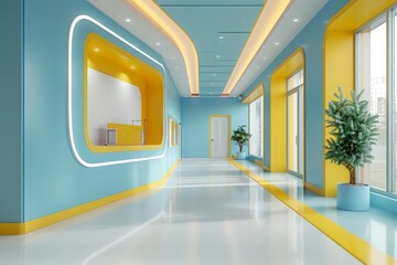 The image shows a modern and bright hospital interior with blue and yellow walls, curved ceiling and large windows.