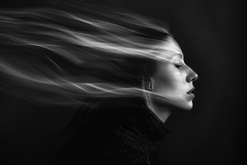 A surreal black and white portrait, where a woman’s swift turn of her head creates a ghostly streak against a stark background