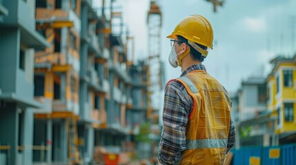 Asian Businessman Construction Engineer Wearing Protective Helmet at a House Building Site