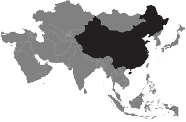 Fototapeta premium Highlighted black map of CHINA inside dark grey detailed blank political map of Asia using orthographic projection on transparent background, without Russia