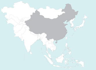 Highlighted grey map of CHINA inside white detailed blank political map of Asia on blue background, without the Middle East and Russia