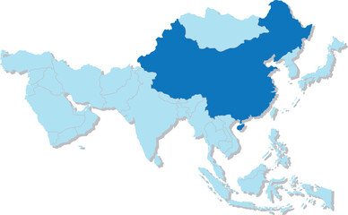 Obraz premium Highlighted blue map of CHINA inside light blue 3D blank political map of Asia orthographic projection on transparent background, without Russia