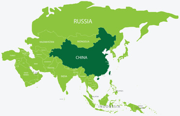 Highlighted green map of CHINA inside light green political map of Asia using orthographic projection on light blue background