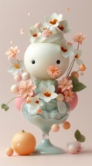 Elegant bowl of vanilla toy ice cream with pink flowers in a whimsical illustration. fantasy dessert concept with floral decorations. Childlike Artistic presentation. Amusing vertical funny gelato 