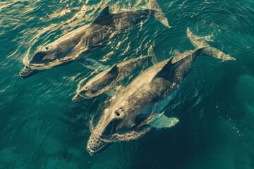 Fototapeta premium A captivating capture featuring a trio of dolphins frolicking in the sun-dappled turquoise waters