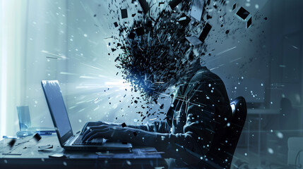 Dramatic visual of a person's head disintegrating into pixels while working on a laptop, symbolizing data overload or cyber security breach