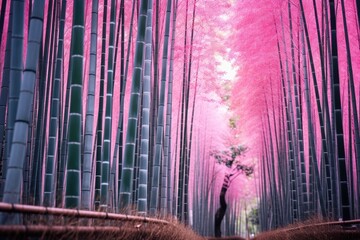 Obraz premium Arashiyama Bamboo Grove, Japan: A unique spring scene with cherry blossoms and towering bamboo in the Arashiyama district.