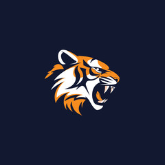 Orange white tiger head logo, fierce mascot design dark background. Aggressive tiger face, sports team emblem navy backdrop. Striped illustration, wild animal graphic navy blue