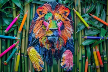 A majestic lion crafted entirely from melted crayons and colored pencils, sitting regally in a serene bamboo forest, while the tranquil greenery of the bamboo forest provides a lush backdrop