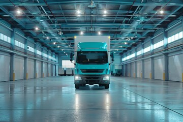 Fototapeta premium working in a warehouse, turquoise truck, storage service provider