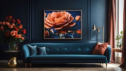 The interior of a contemporary living room features a horizontal poster hanging on a brick wall next a dark blue sofa; in the distance, a mirror is seen above the flower-filled cabinet. - obrazy, fototapety, plakaty